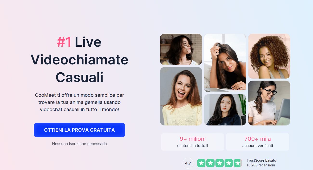 Apertura della home italiana di CooMeet con titolo, pulsante Ottieni la prova gratuita e mosaico di sei profili