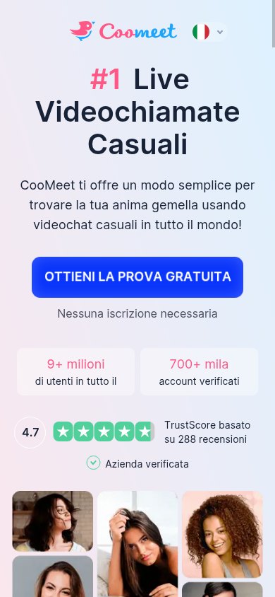 Home di CooMeet su telefono con pulsante Ottieni la prova gratuita e contatori subito sotto