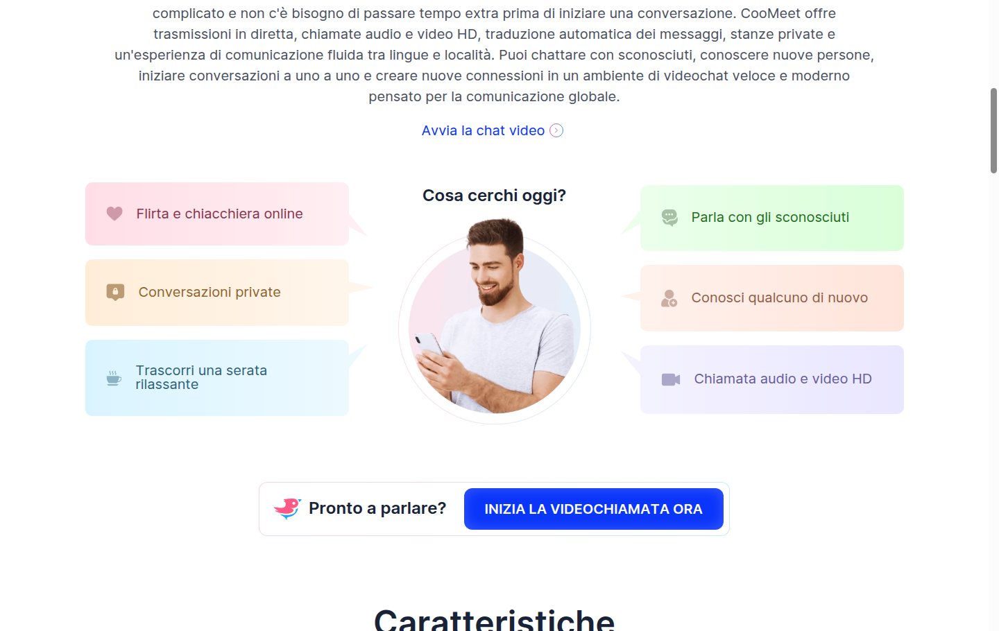 Blocco Cosa cerchi oggi con sei riquadri colorati intorno alla foto di un uomo con il telefono